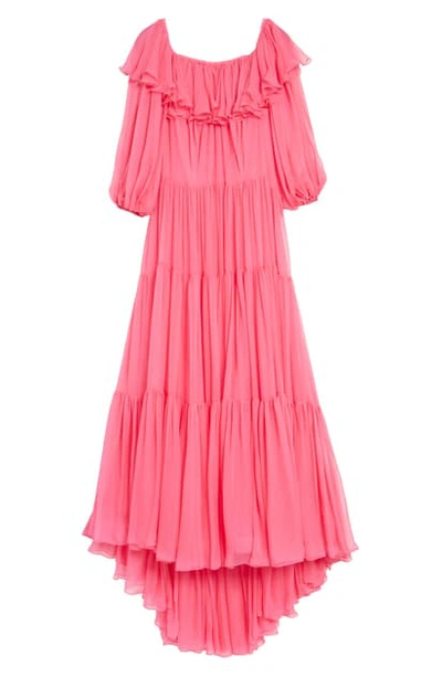 Valentino Ruffle Neck Tiered Off The Shoulder Silk Chiffon Dress In Deep Pink