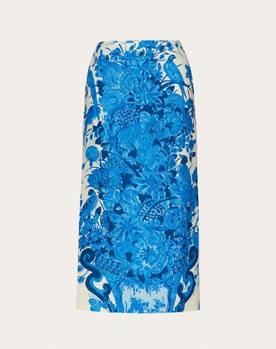 Valentino Delft-print Wool-blend Midi Pencil Skirt In Ivory/blue