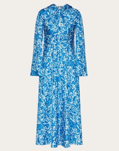 Valentino Grace-print Silk Tie-neck Midi Dress In Ivory/blue