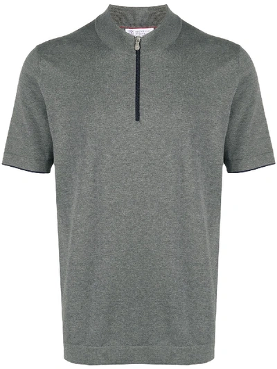 Brunello Cucinelli Zip Placket Knitted T-shirt In Grey