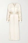 ENVELOPE1976 + NET SUSTAIN CANNES BELTED BUTTON-DETAILED CUPRO-BLEND SATIN MIDI DRESS