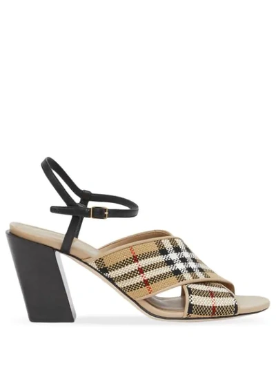 Burberry Latticed Cotton And Leather Block-heel Sandals In Neutrals