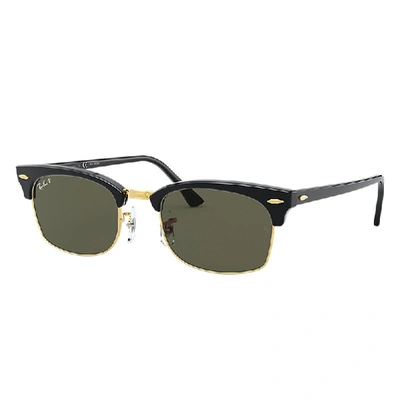 Ray Ban Clubmaster Square Sunglasses Shiny Black Frame Green Lenses Polarized 52-21