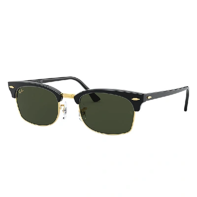 Ray Ban Clubmaster Square Legend Gold Sunglasses Shiny Black Frame Green Lenses 52-21