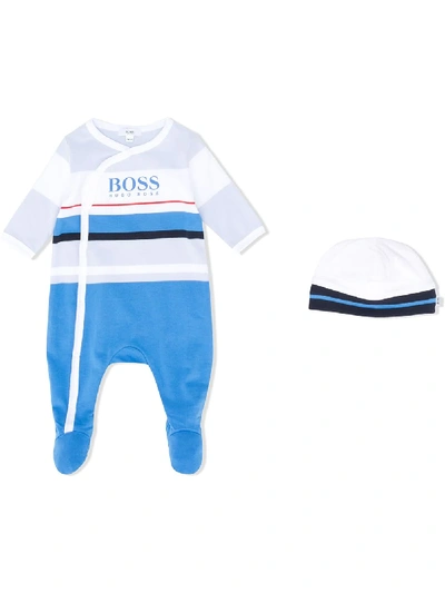 Hugo Boss Striped Logo Print Babygrow And Beanie Set In White