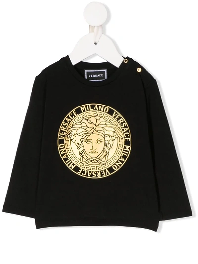 Young Versace Babies' Long Sleeve Medusa Logo Print T-shirt In Nero