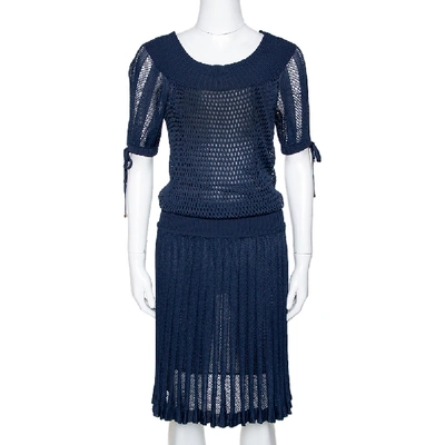 Pre-owned Gucci Navy Blue Perforated Knit Pleated Midi Dress Xs