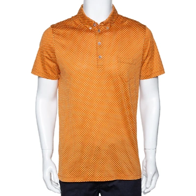 Pre-owned Etro Amber Orange Geometric Printed Cotton Polo T-shirt L