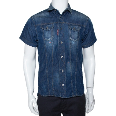 Pre-owned Dsquared2 Blue Denim Distressed Patch Detail Short Sleeve Shirt Xs