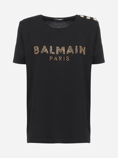 Balmain Logo Cotton T-shirt In Noir Or