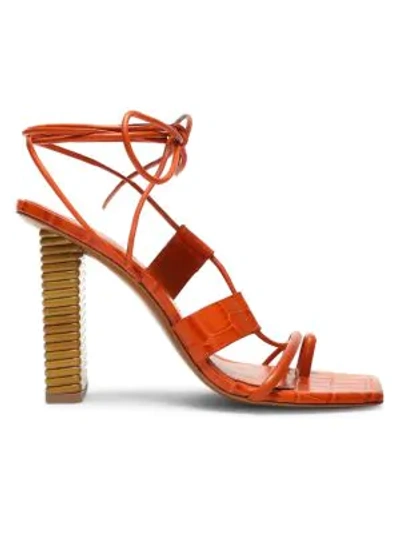 Mercedes Castillo Violette Ankle-wrap Square-toe Croc-embossed Leather Sandals In Mandarin