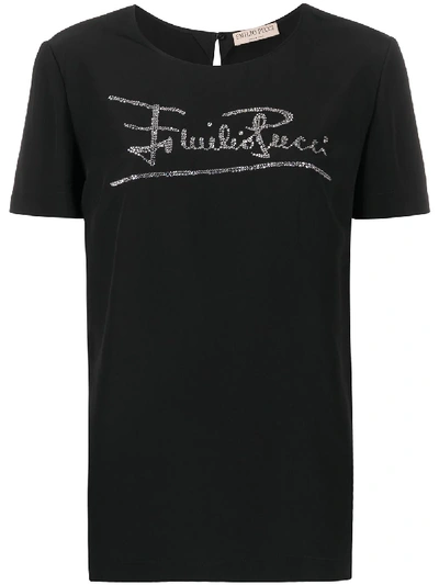 Emilio Pucci Silk T-shirt With Crystal Embellished Logo In Black