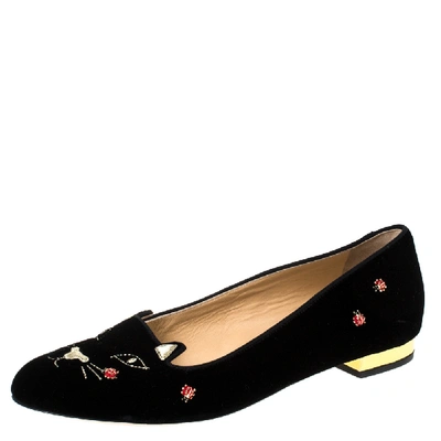 Pre-owned Charlotte Olympia Black Velvet Lucky Kitty Ladybug Embellished Flats Size 40.5