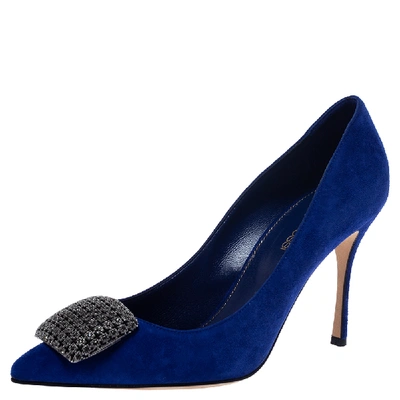 Pre-owned Sergio Rossi Blue Suede Leather Embellished Pumps Size 38