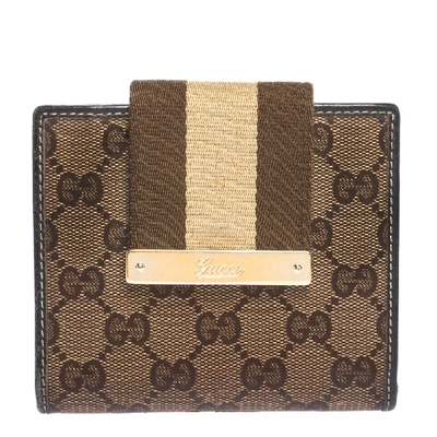 Pre-owned Gucci Beige/brown Gg Crystal Canvas Web Flap French Wallet