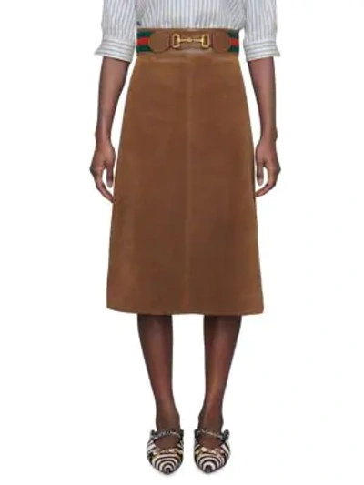 Gucci Horsebit Suede Midi Skirt In Brown