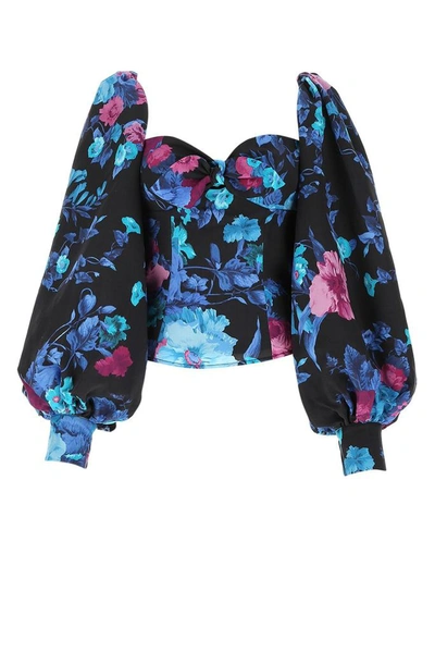 Attico Printed Tie Top With Balloon Sleeves In Black - Blue