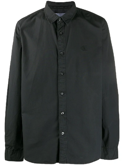 Calvin Klein Embroidered-logo Long-sleeve Shirt In Black