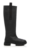 Ganni Grosgrain-trimmed Rubber Knee Boots In Black
