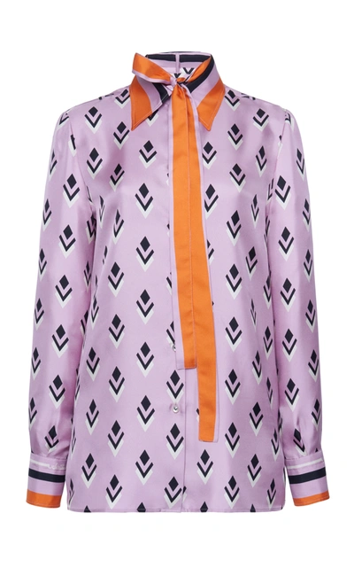 Valentino Printed Silk Tie-neck Top In Purple