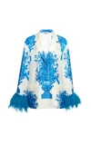 VALENTINO FEATHER-TRIMMED GRACE-PRINT SILK TOP,804207