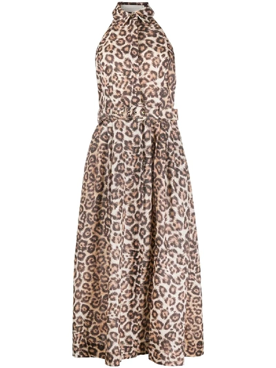 Zimmermann Bonita Belted Linen Halterneck Midi Dress In Brown