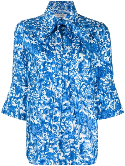 Valentino Azulejos Print Twill Silk Shirt In Blue