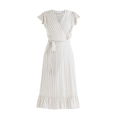 Paisie Brighton Striped Wrap Dress In Beige & White