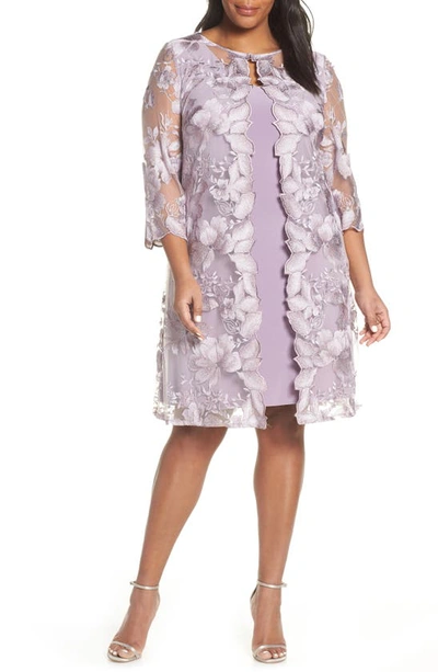 Alex Evenings Embroidered Lace Mock Jacket Cocktail Dress In Smokey Orchid