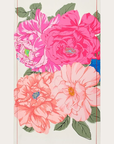Valentino Garavani Flower Print Silk Georgette Stole 65x250 Cm / 25.6x98.4 In. In Ivory