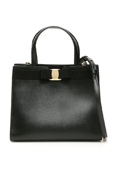 Ferragamo Small Vara Bow Calfskin Top Handle Tote Bag In Black