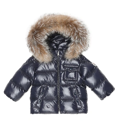 Moncler K2 Water Resistant Hooded Down Puffer Jacket With Genuine Fox Fur Trim In Blue