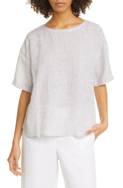 Eileen Fisher Jewel Neck Elbow Sleeve Boxy Organic Linen Top In White