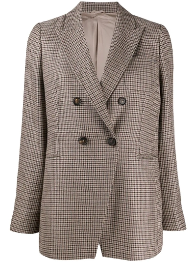 Brunello Cucinelli Houndstooth Double Breasted Linen, Wool & Silk Blazer In Brown