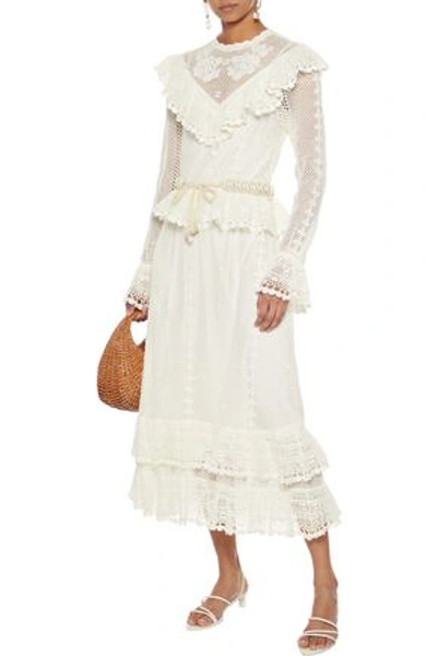 Zimmermann Allia Belted Ruffled Crocheted Maxi Dress In Off-white