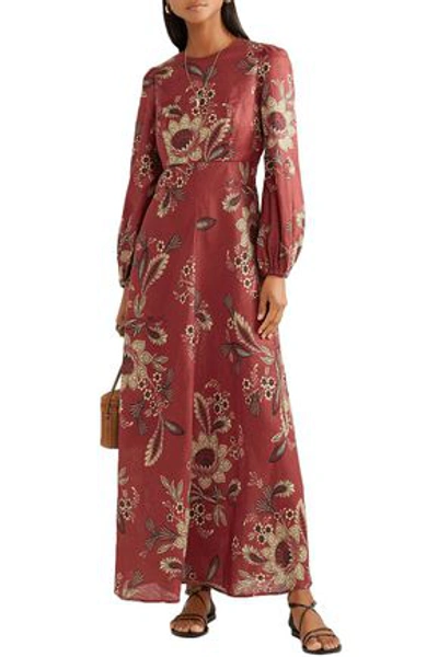 Zimmermann Juno Floral-print Linen Maxi Dress In Crimson