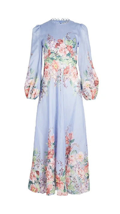 Zimmermann Bellitude Floral-print Linen Dress In Light Blue