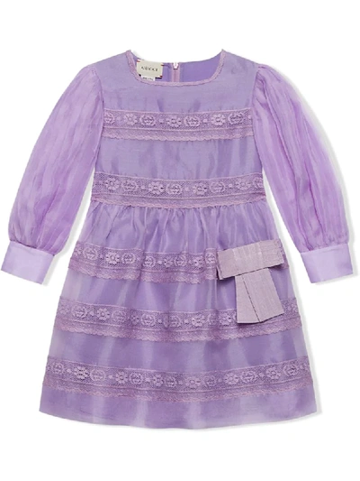Gucci Kids' Lace-inserts Long-sleeved Dress In Purple