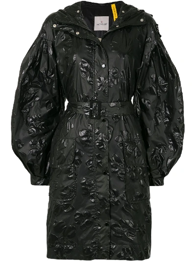 Moncler Floral-embossed Belted Raincoat In Black