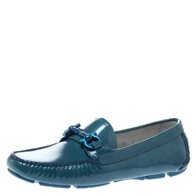 Pre-owned Ferragamo Blue Coated Leather Gancio Driver Loafers Size 37.5