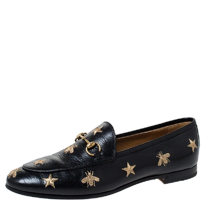 Pre-owned Gucci Black Leather Jordaan Embroidered Bee Horsebit Slip On Loafers Size 39