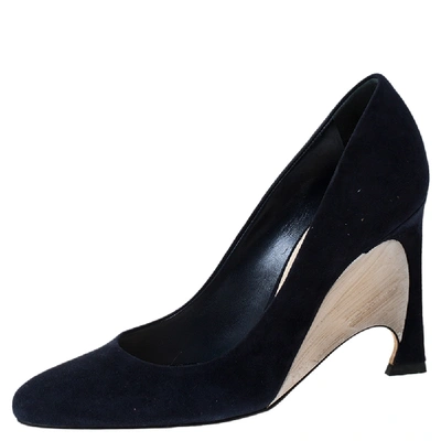 Pre-owned Dior Navy Blue Suede Leather Optique Wedge Pumps Size 37