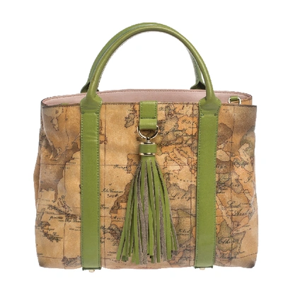 Pre-owned Alviero Martini 1a Classe Beige/green Geo Print Coated Canvas And Leather Tassel Tote