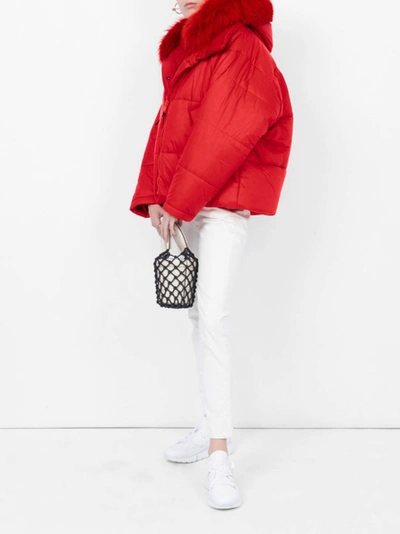 Yves Salomon Red Women's Fox Trimmed Puffer Coat