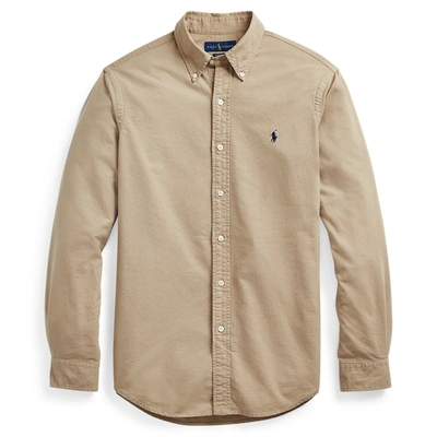 Polo Ralph Lauren Garment Dyed Oxford Shirt Slim Fit Player Logo In Tan Exclusive To Asos In Beige