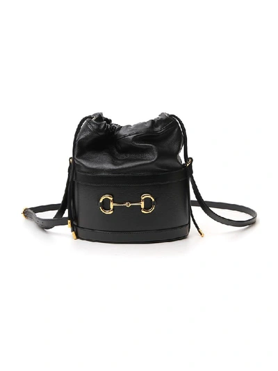 Gucci 1955 Horsebit Drawstring Leather Bucket Bag In Black