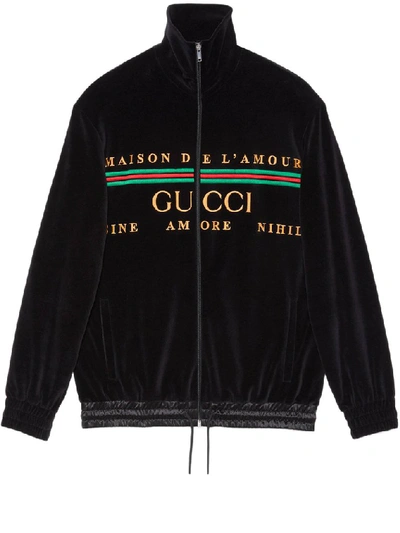 Gucci Logo-embroidered Cotton-blend Velvet Zip-up Sweatshirt In Black