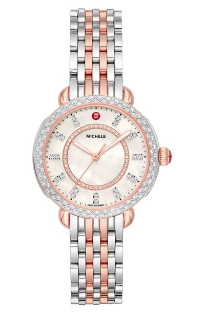 Michele Sidney Classic Diamond Watch Head & Bracelet, 33mm In Silver/ White Mop/ Pink Gold