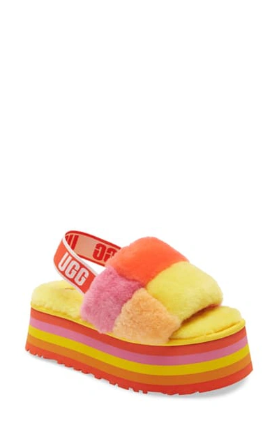 Ugg Disco Check Genuine Shearling Slingback Platform Slipper In Pride Rainbow Yellow
