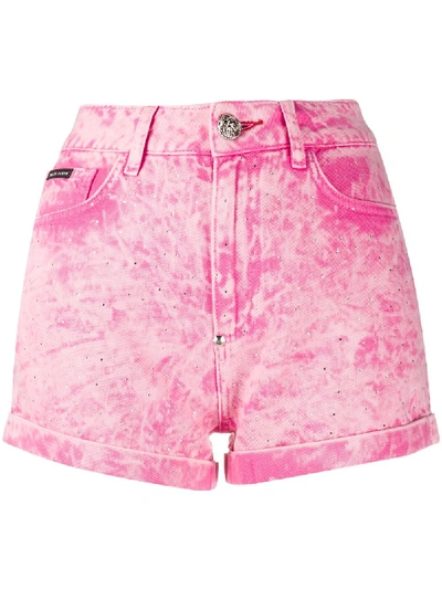 Philipp Plein Acid-wash Denim Shorts In Pink